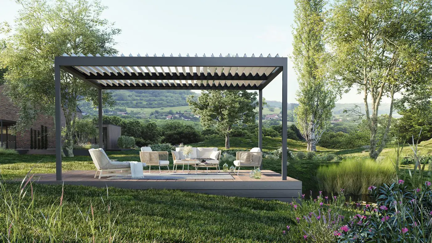 Bioklimatická pergola BAVONA HARD-TOP v zahradě s interaktivními body – Moonex
