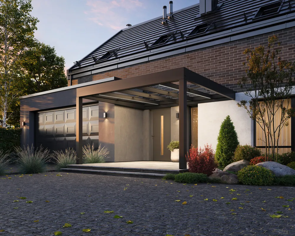 Hliníková pergola CUBO-EZIE nad vstupem do rodinného domu s garáží – Moonex