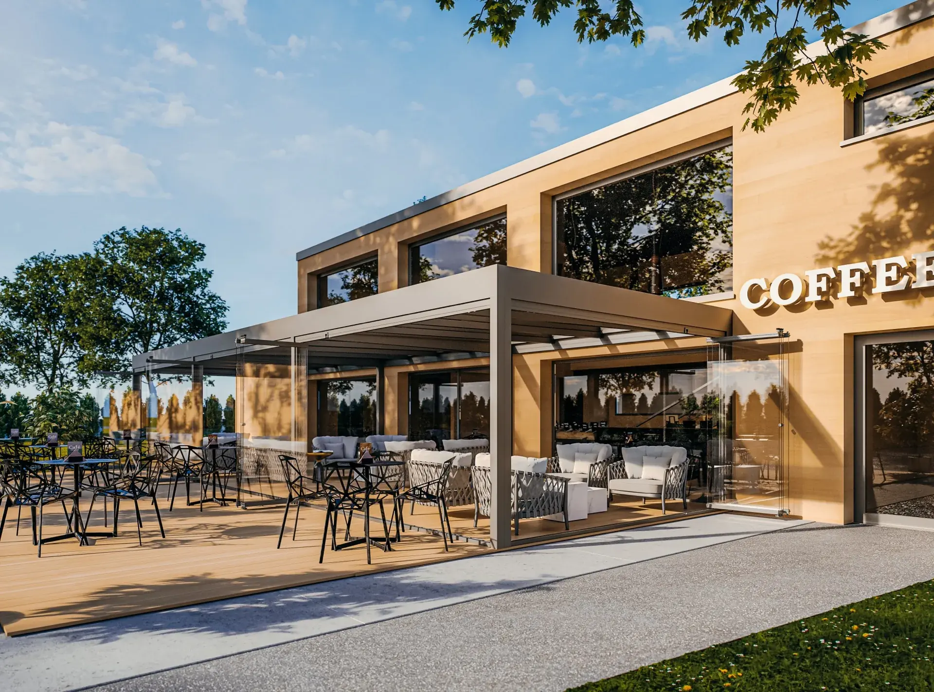 Hliníková pergola CUBO nad restaurační předzahrádkou – Moonex