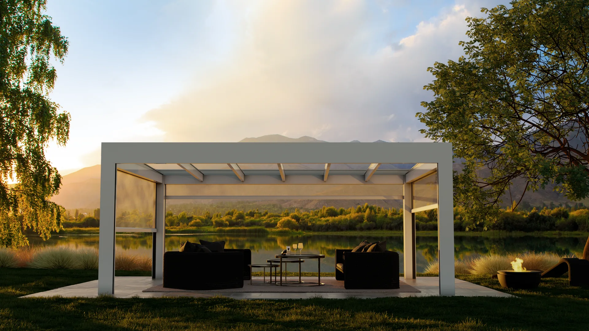 Volně stojící hliníková pergola Diafano se ZIP clonami u jezera – Moonex