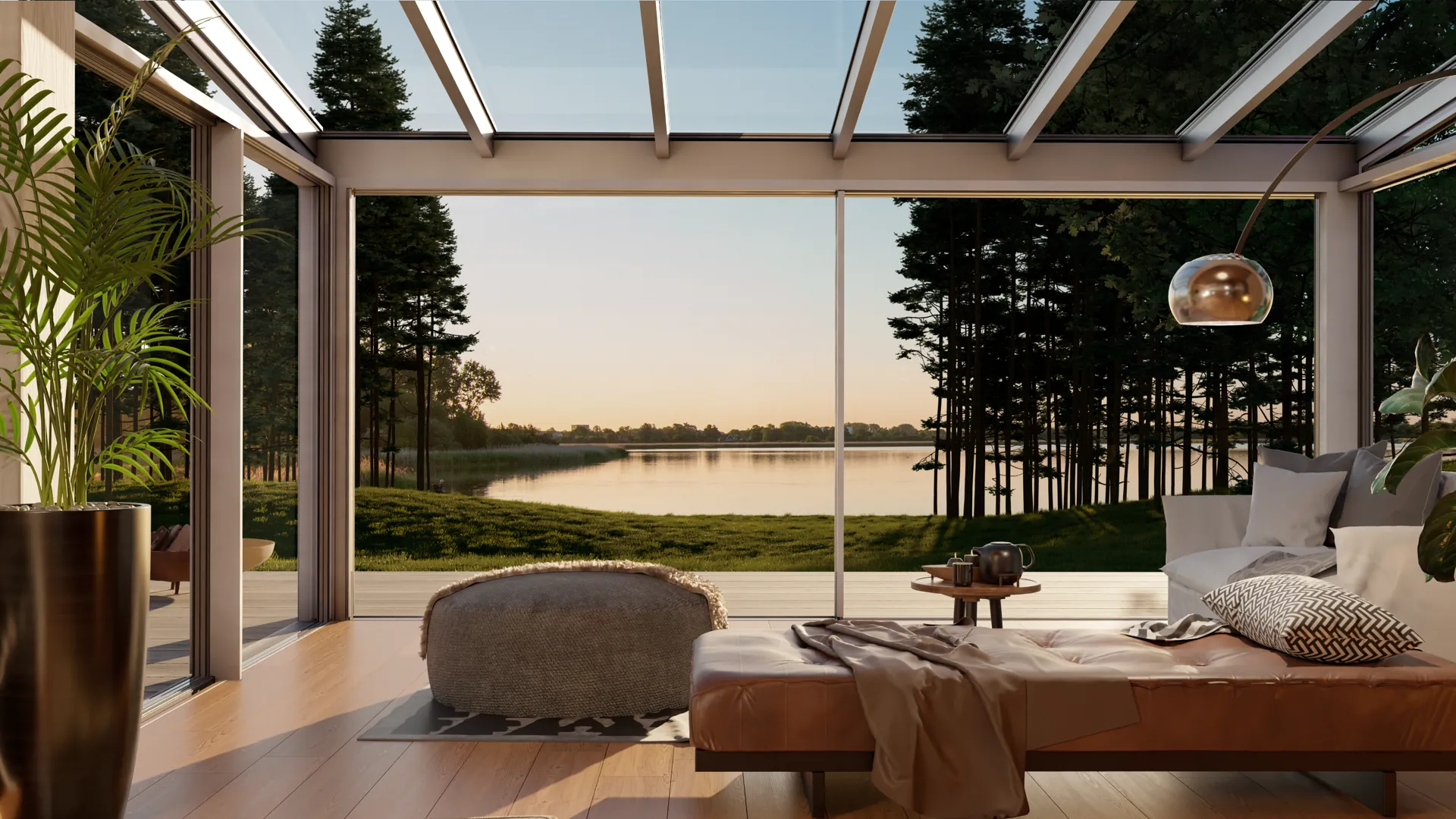 Interiér zimní zahrady Diafano Wintergarten Plus s posuvným zasklením S52 a výhledem na jezero – Moonex