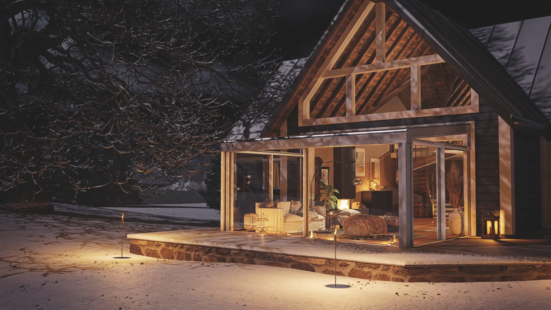 Zimní zahrada v zimním večeru u architektonického domu se sedlovou střechou – Moonex
