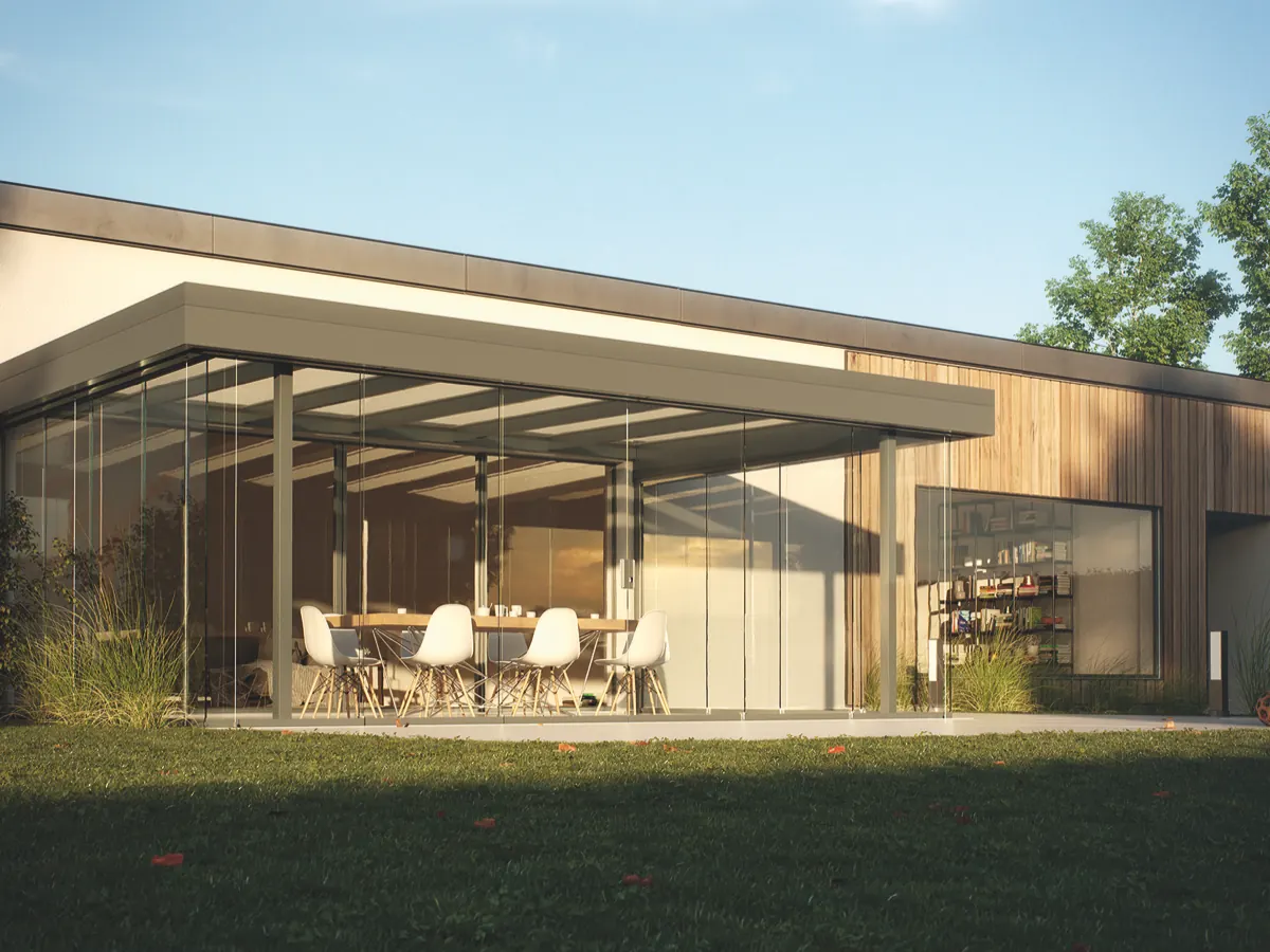 Prosklená hliníková pergola Diafano u moderního domu – Moonex