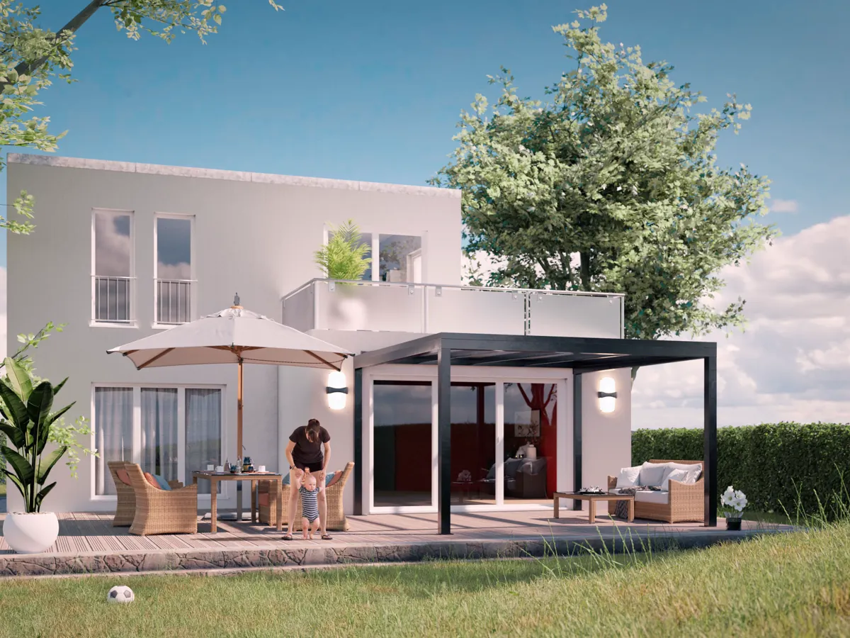 Hliníková pergola Paradiso na terase rodinného domu – Moonex
