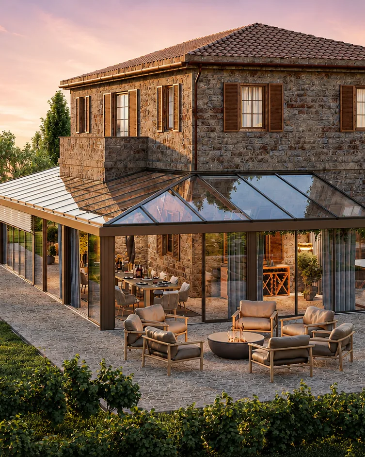 Zimní zahrada s prosklenou střechou u kamenného domu s restaurací – Moonex